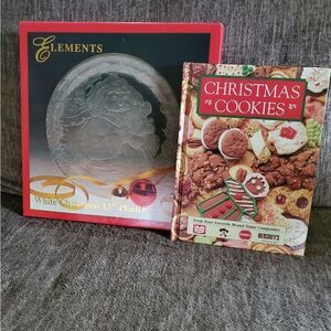 NWT beautiful Christmas platter 13 inch.  Gold trim with Xmas cookies cookbook